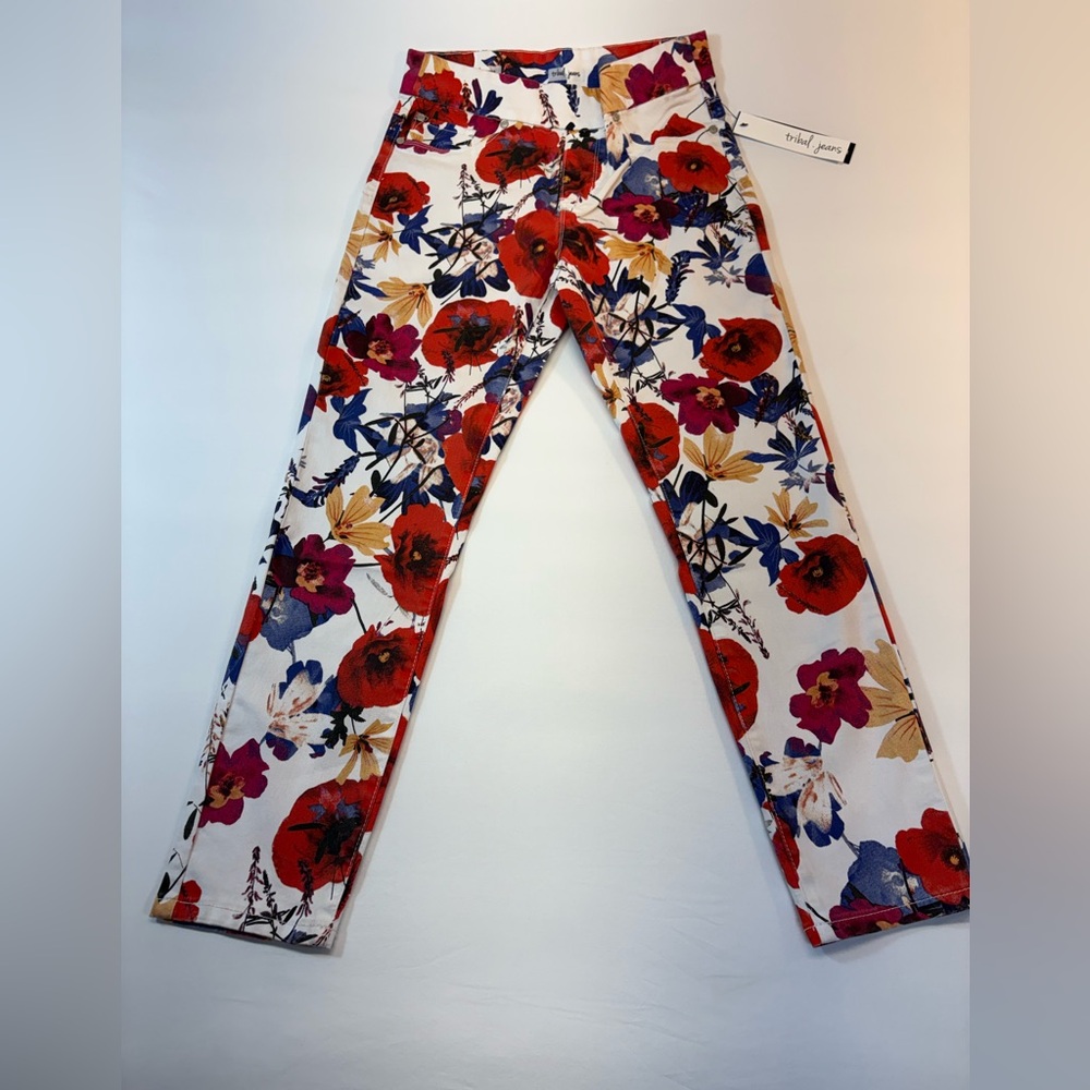 NWT Tribal Audrey Floral Pull-On Ankle Denim Jeggings - Hot Coral Size 4